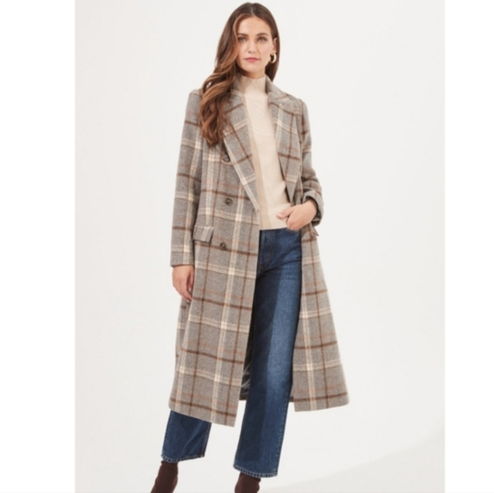 ASTR The Label Raquel Long Coat Grey Brown Plaid Wool Blend